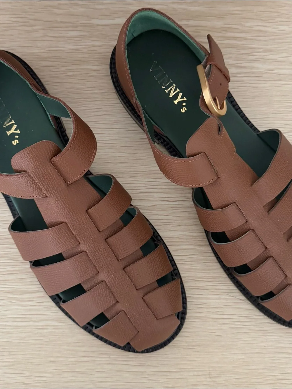 Vinny’s Mens Brown Leather Fisherman Sandals with Gold Buckle (EU 43 / US 10) - Picture 1 of 5
